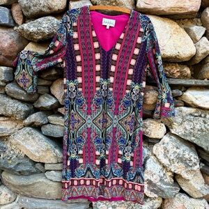 Nicole Miller Studio Dress – Size 14 – Jewel Tone Paisley Print, Bell Sleeves